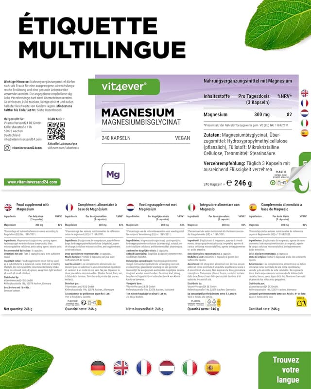 Thumbnail 6 de Bisglycinate de magnésium 240 gélules (300 mg de magnésium élémentaire par dose journalière) – Vegan