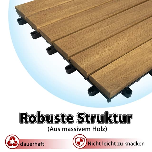 Detalle de Aufun Holzfliesen Terrassenfliesen aus Akazienholz mit Klicksystem, 30 x 30 cm (Modell A, 11 Stück) – ca. 1 m²