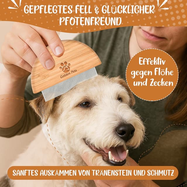 Detalle 2 de Golden Pets Bambus Flohkamm – Läuse-, Floh- und Nissenkamm aus Edelstahl für Hund & Katze