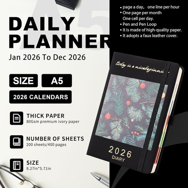 Detalle de Diary 2026 Day to Page A5 Organiser (Jan–Dec 2026) with Pen Holder, Coloured Side Tabs and Inner Packet