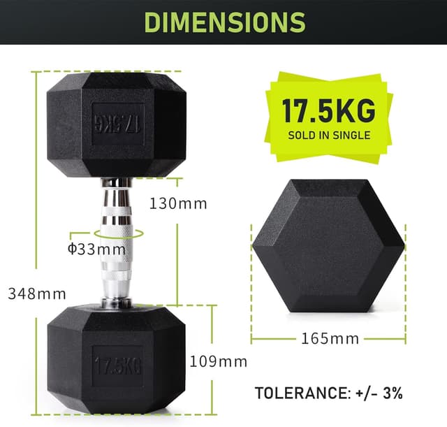 Detalle de PhysKcal Hexagon Hanteln Poly-Gummierte (2,5–30 kg) – rutschfeste Kurzhanteln mit ergonomischen, verchromten Griffen