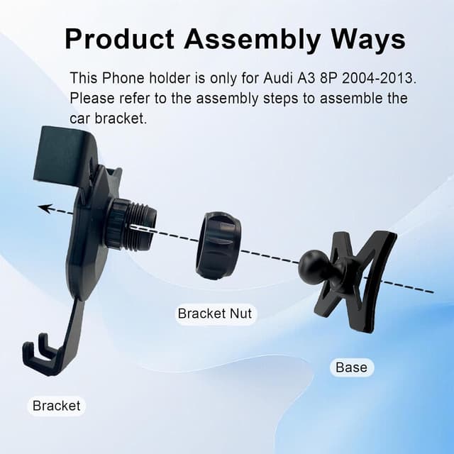 Detalle de NewTH Car Phone Holder for Audi A3 8P S3 (2004–2013) – Aluminium Alloy Gravity Auto-Lock, 360° Rotation, Black