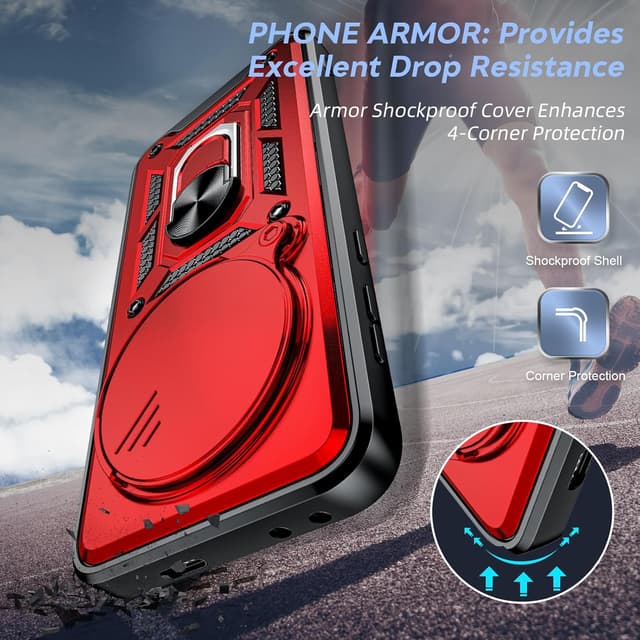 Detalle de LeYi Military Shockproof Case for Honor Magic 7 Pro 5G with Sliding Camera Lens Cover and 360° Ring Stand (Red)