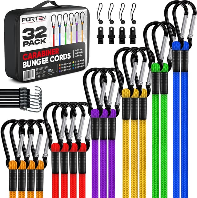 Detalle de FORTEM Carabiner Bungee Cord Assortment (32-pack) with Coated Metal Hooks