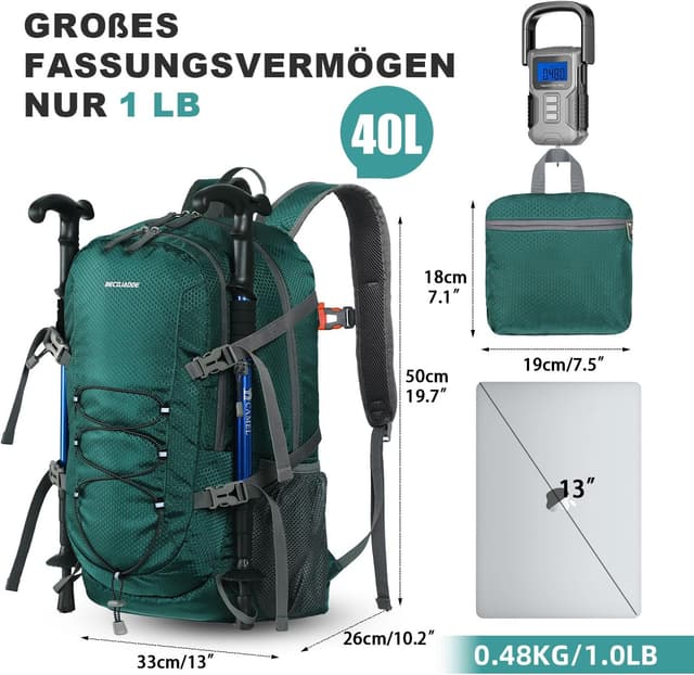 Detalle 2 de BECOJADDE Faltbarer Wanderrucksack 40L (Wasserdicht) – Ultraleicht mit Nassfach