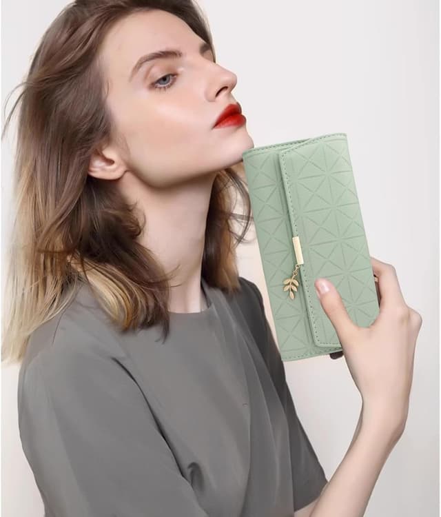 Thumbnail 6 de Long Purse for Women PU Leather (B-Green) with 9 Card Slots and Zip Coin Pocket