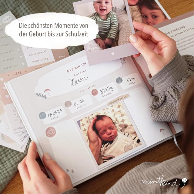 Detalle 2 de mintkind® Erinnerungsalbum Kindheit Beige – Babybuch mit Sticker-Set, Hardcover-Fotoalbum (0–10 Jahre)