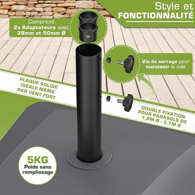 Detalle 2 de Pied de parasol tillvex® GRAVIA à roulettes et freins (remplissage 37 L / jusqu’à 56 kg) pour mât Ø 1,8 à 3,7 m