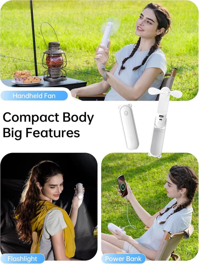 Detalle 2 de JISULIFE Handheld Fan with 4500 mAh Powerbank (Max 37 Hours Runtime) – Quiet Folding Pocket USB Fan in White
