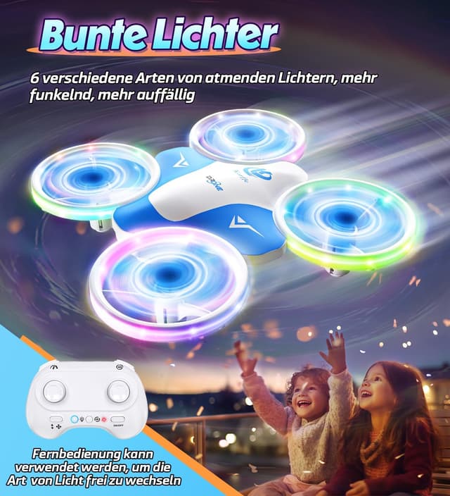 Detalle de Korffe Mini-Drohne für Kinder (ab 6, 7, 8, 9, 10+ Jahren) – RC-Spielzeug mit LED-Lichtern, 360°-Flip und 30-min Laufzeit