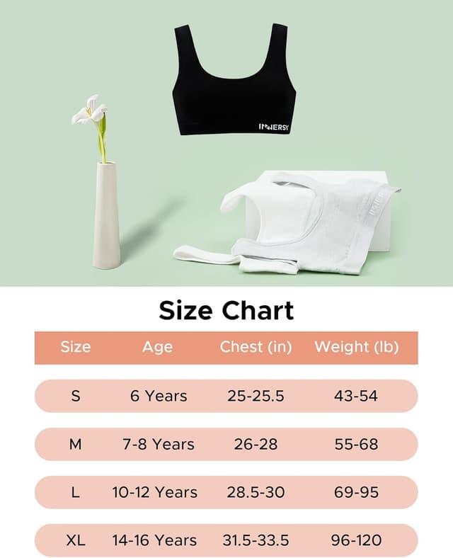 Detalle 2 de INNERSY Girls Sports Bra Cotton Crop Tops 6-16