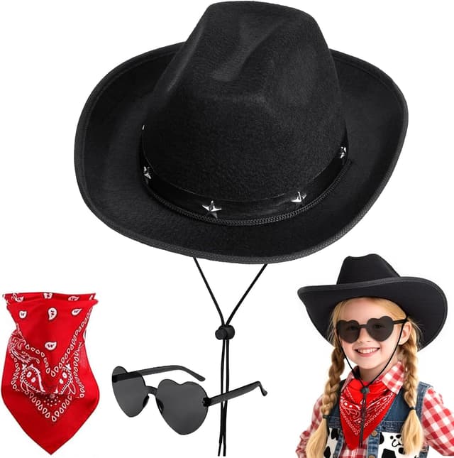 Detalle de AUYAO Kinder-Cowboyhut-Set mit Westernhut, Sonnenbrille und Bandana (Western, Rockstar, Hippie-Style)