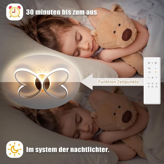 Detalle de LED Deckenleuchte Schlafzimmer mit Schmetterling-Design, 40W, 38 cm, dimmbar per Fernbedienung und Nachtlichtfunktion
