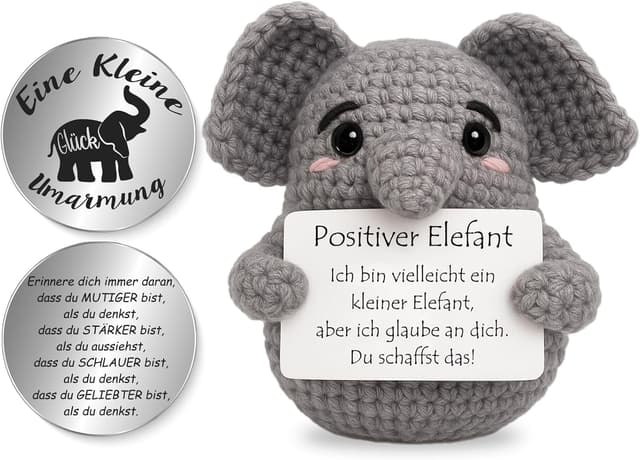 Detalle de Tixlux Pocket Hug „Positiver Elefant“ – Strick-Dekofigur mit Edelstahl-Glücksbringer als Mutmacher-Geschenk