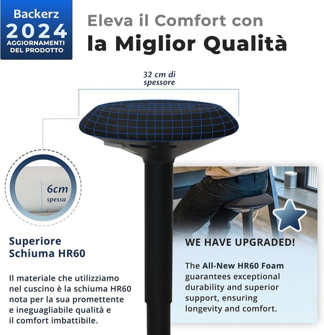 Thumbnail 6 de Backerz Sgabello Ergonomico girevole: altezza 55–80 cm con effetto dondolo, nero opaco