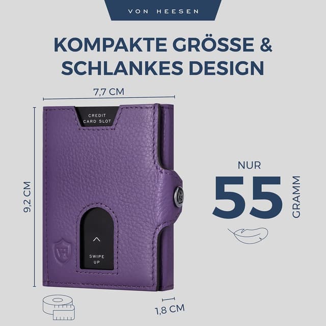 Detalle de VON HEESEN Slim Wallet mit RFID-Schutz – Leder-Kreditkartenetui im Querformat, klein & flach