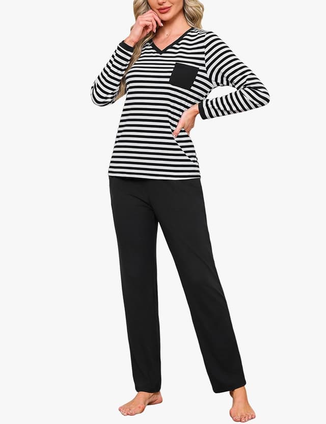 Detalle de Terecey Pyjama femme long 2 pièces en coton à rayures (col V et poche)