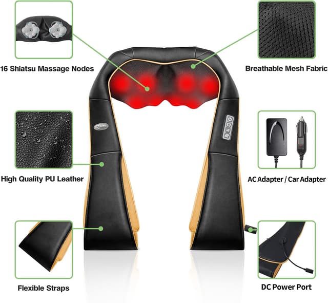 Detalle de cotsoco Neck Massager with Shiatsu 3D Kneading, Heat & Auto-Reverse Nodes (Orange)