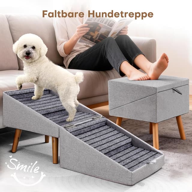 Detalle de Hundetreppe 2-in-1 aus Holz für Couch & Bett – klappbar, rutschfester Komfortbezug (Hellgrau, 43,5 cm hoch)