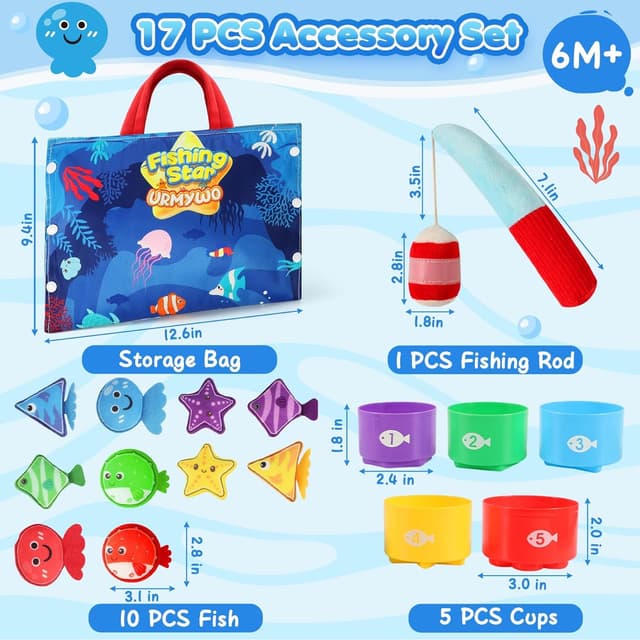 Detalle de 17-Piece Montessori Fishing Game for 1-Year-Olds (Cloth Fishing Pole, Stacking Cups, Shape & Color Matching)