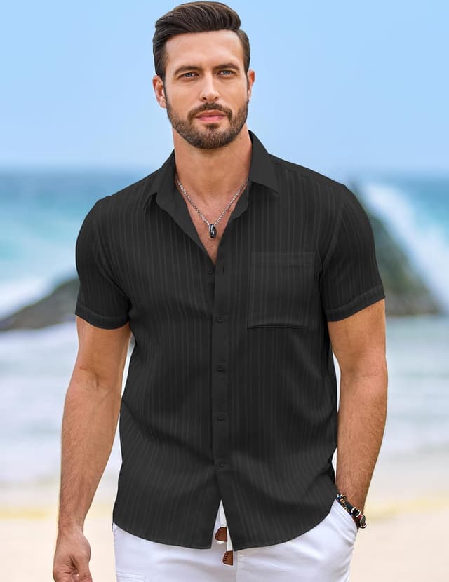 Thumbnail 2 de JMIERR Men’s Hawaiian Shirt Button-Down Short Sleeve (Textured Casual Summer Beach Linen Look)