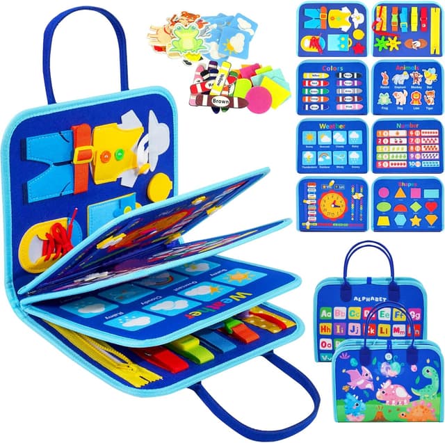 Detalle de TINIFO Busy Board Giochi Montessori in feltro blu (1 anno) – libro sensoriale interattivo portatile