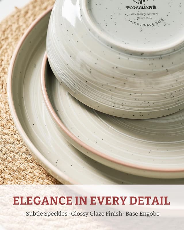 Detalle de famiware Milkyway 33 oz Bowl Set (Set of 4) — double reactive glazed pasta & salad bowls, speckled green