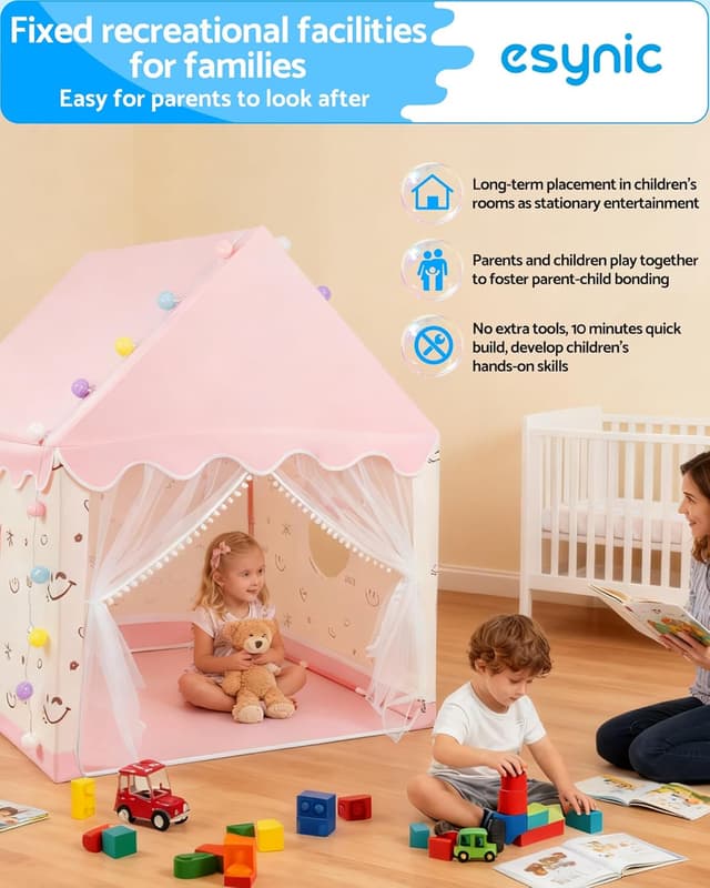 Detalle 2 de eSynic Kids Indoor Playhouse Tent with Lights & Windows (Pink) – large portable play tent for ages 3–12