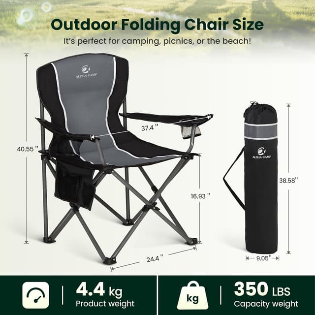 Detalle de ALPHA CAMP Set of 2 Folding Camping Chairs for Adults (High Back, Cup Holder, Up to 160kg)