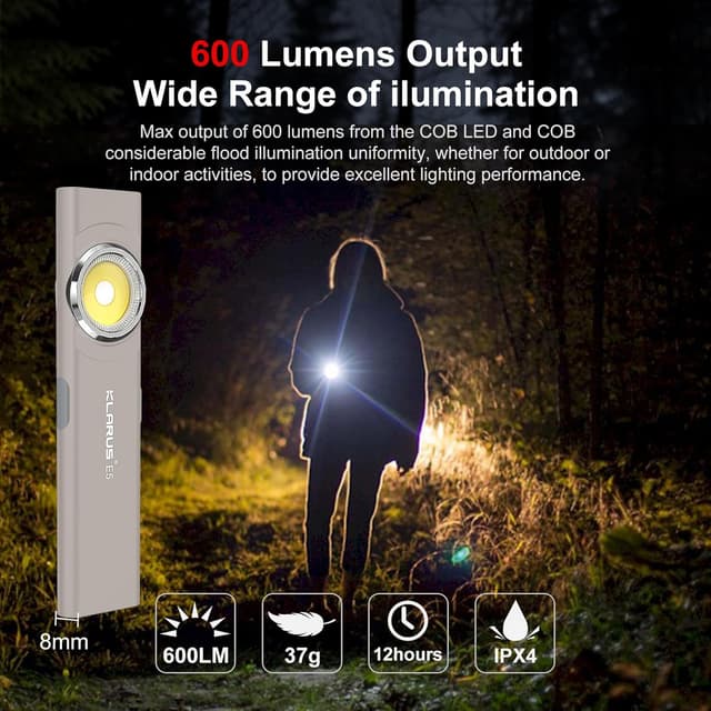 Detalle de klarus Lampe de travail COB rechargeable USB-C 600 lumens (mini EDC plate) avec base magnétique et clip