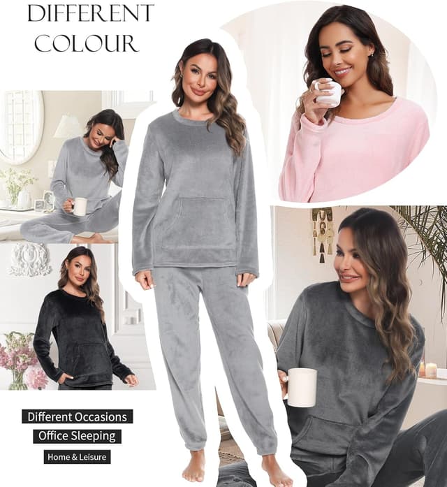 Detalle de Lovasy Women’s Fluffy Fleece Hooded Pyjama Set with Pockets (Winter Warm)