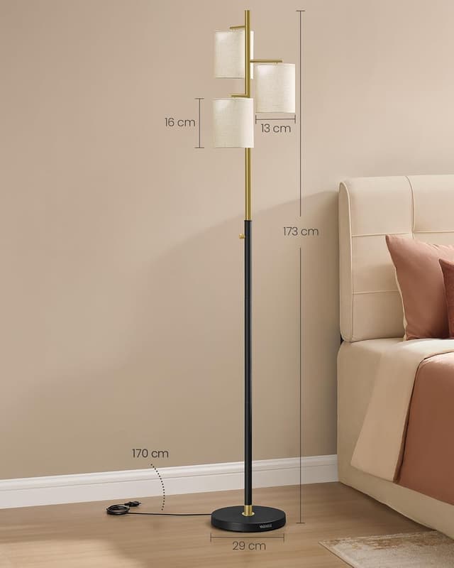 Detalle de VASAGLE Stehleuchte LFL003B02 mit 3 E27 Fassungen und stufenloser Helligkeitsregelung