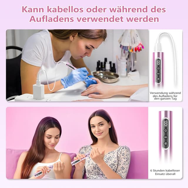 Detalle de Kabelloser Nagelfräser mit bis zu 45.000 U/min – Elektrische Nagelfeile für Gel- und Acrylnägel (14-in-1, 6 Geschwindigkeiten)