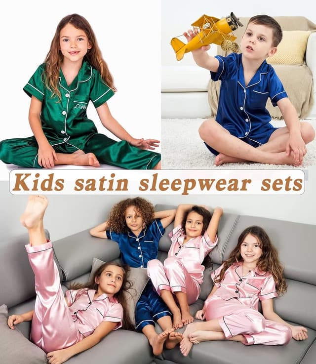 Detalle de SWOMOG Kid's Silk Pyjamas 3PCS satin set (short-sleeve top + shorts + long pants), ages 4–16