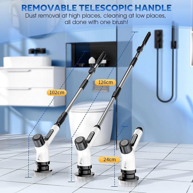 Detalle de FYDEE Brosse de nettoyage électrique rotative sans fil IPX7, manche télescopique et 7 têtes interchangeables