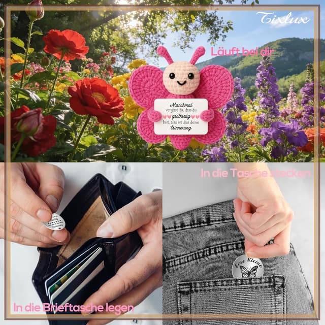 Detalle de Tixlux Pocket Hug Positive Schmetterling – Strickfigur mit Umarmung-Glücksbringer (Einschulung, Gute Besserung)