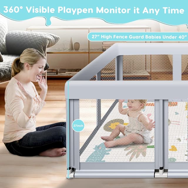 Detalle de Fshibila 74" × 50" Large Baby Playpen (Baby Playard) with Breathable Mesh, Anti-Fall Safety & Mat