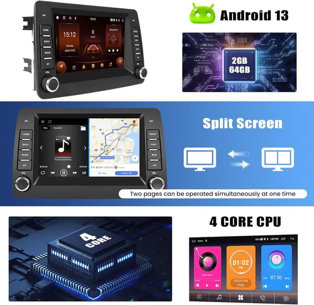 Detalle 2 de GOHHDL Autoradio Android 2G+64G per Fiat Panda 169 (2002-2012) con Wireless CarPlay, Android Auto, GPS Wi‑Fi e telecamera posteriore