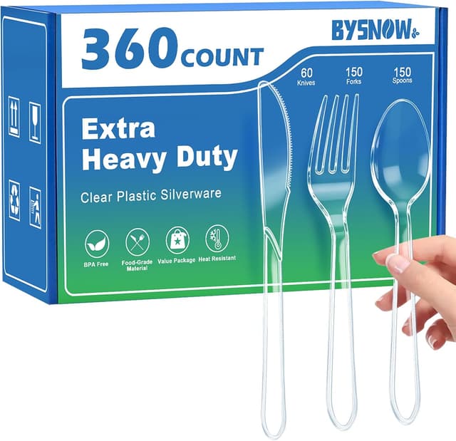 Detalle de BYSNOW 360-Count Extra Heavy-Duty Plastic Silverware (BPA-Free, Heat-Resistant) for Parties & Everyday Use