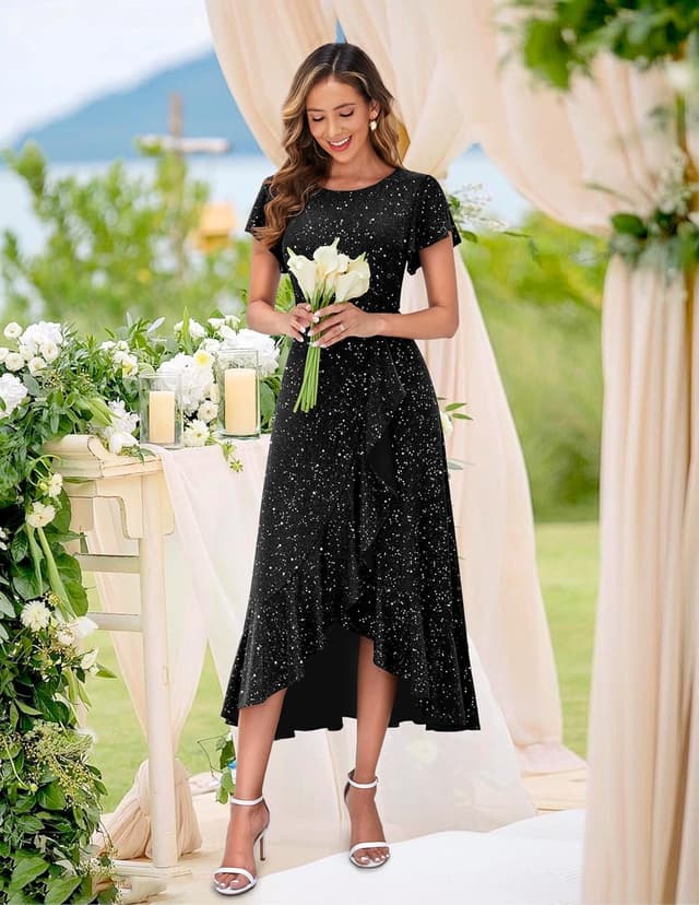 Detalle de BeryLove Women Sequin Formal Party Dress with Flutter Short Sleeves