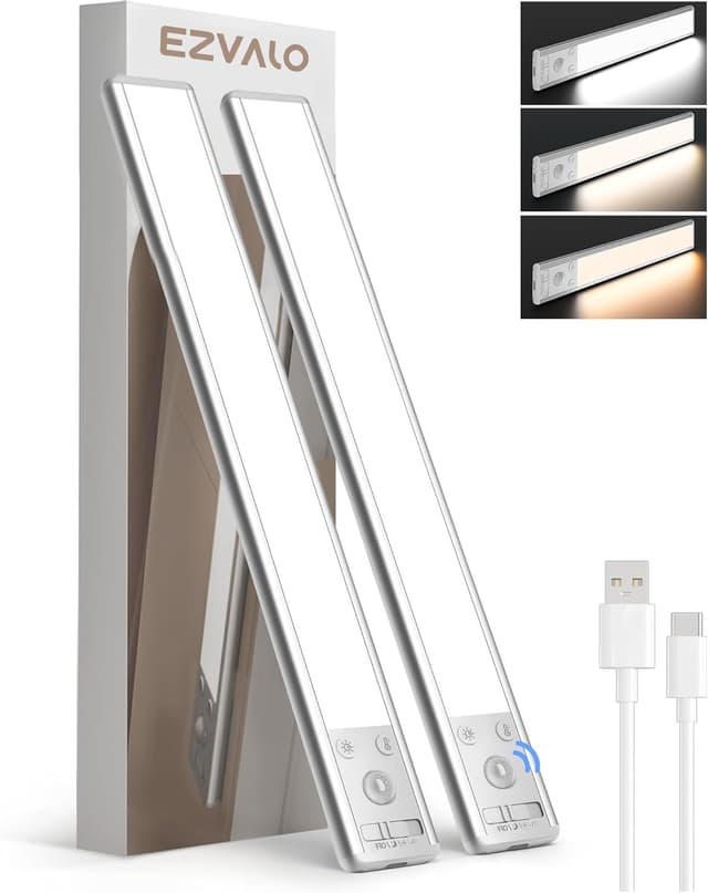 Detalle de EZVALO Under Cabinet Kitchen Lights (2 Pack) – 3-Colour Dimmable Motion Sensor LED Strips, Rechargeable 3200mAh