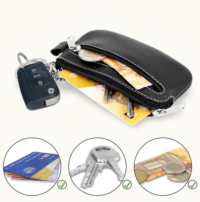 Detalle de Schlüsseletui von MANAGE mit 2 Reißverschlussfächern aus echtem Leder für Damen und Herren