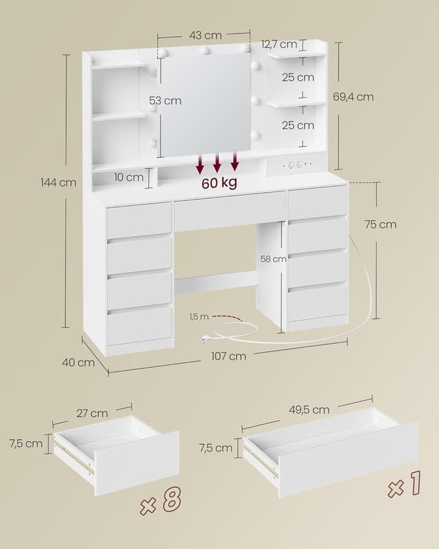 Thumbnail 6 de VASAGLE Kailyn Collection coiffeuse 107 cm 🪞