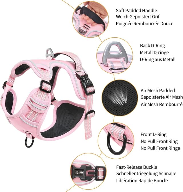 Detalle 2 de HEELE Small Dog No-Pull Harness with Reflective Strips, Soft Handle and Adjustable Straps (Pink, S)