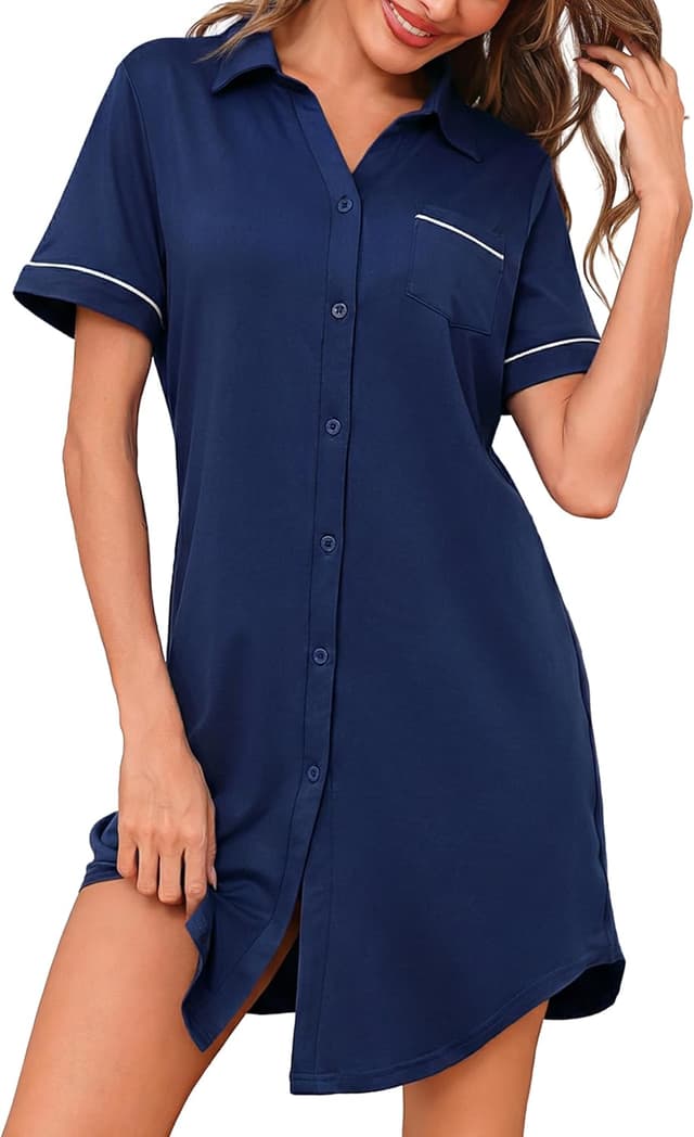 Thumbnail 6 de Bresdk chemise de nuit femme manches courtes boutonnée en jersey léger à col en V