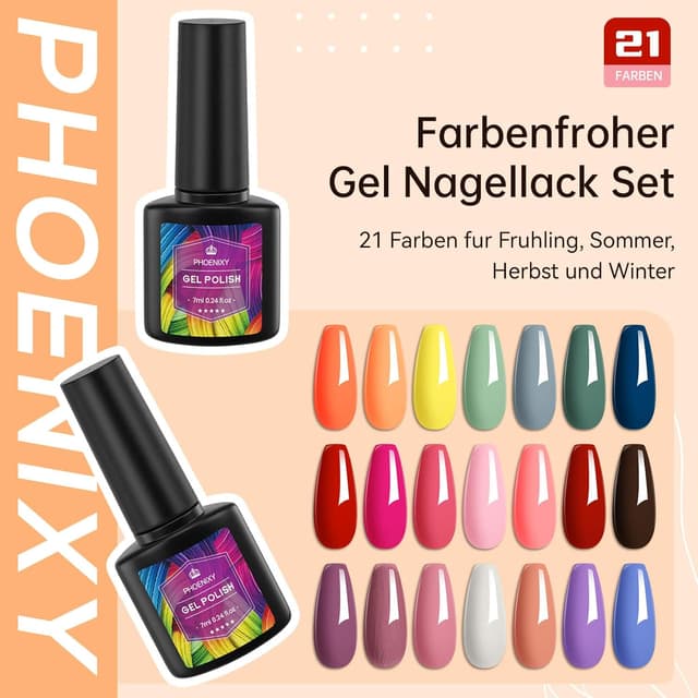 Detalle de Phoenixy UV-Nagellack Set (24-teilig) mit 21 Farben, Unterlack & Überlack