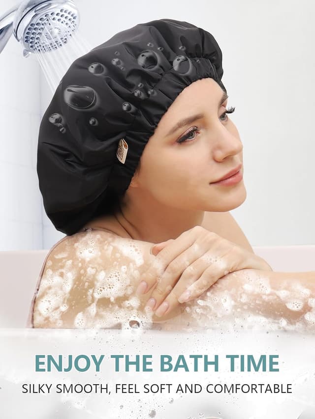 Detalle de Years Calm wiederverwendbare wasserdichte Duschhaube für Frauen (schwarz) – 2-lagig & reisefreundlich