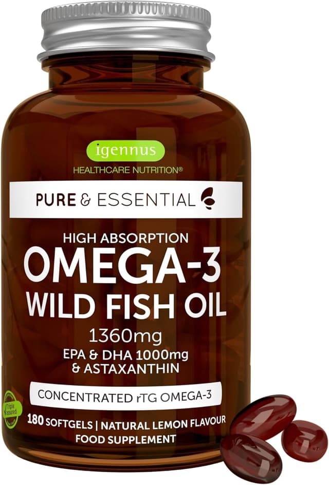 Detalle de Igennus Omega-3 Huile de poisson sauvage rTG + astaxanthine (180 capsules) certifié IFOS