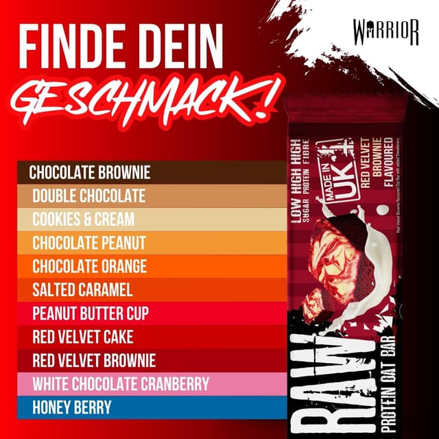 Detalle de Warrior Raw Protein Riegel Flapjack (Red Velvet Brownie) – zuckerarm, ballaststoffreich, 12 x 75 g