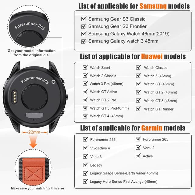 Detalle de Notocity 22mm nylon quick-release strap for Huawei Watch GT4/GT3/GT2/GT3 Pro, Garmin Vivoactive 4/Venu 2/3 and Samsung Galaxy Watch 3 45mm (Black/Orange)